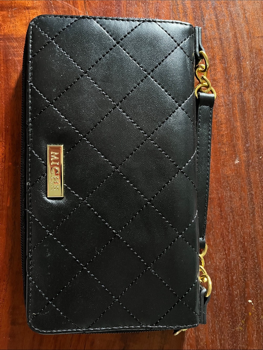 Miche Black Quilted Wristlet with Gold Hardware